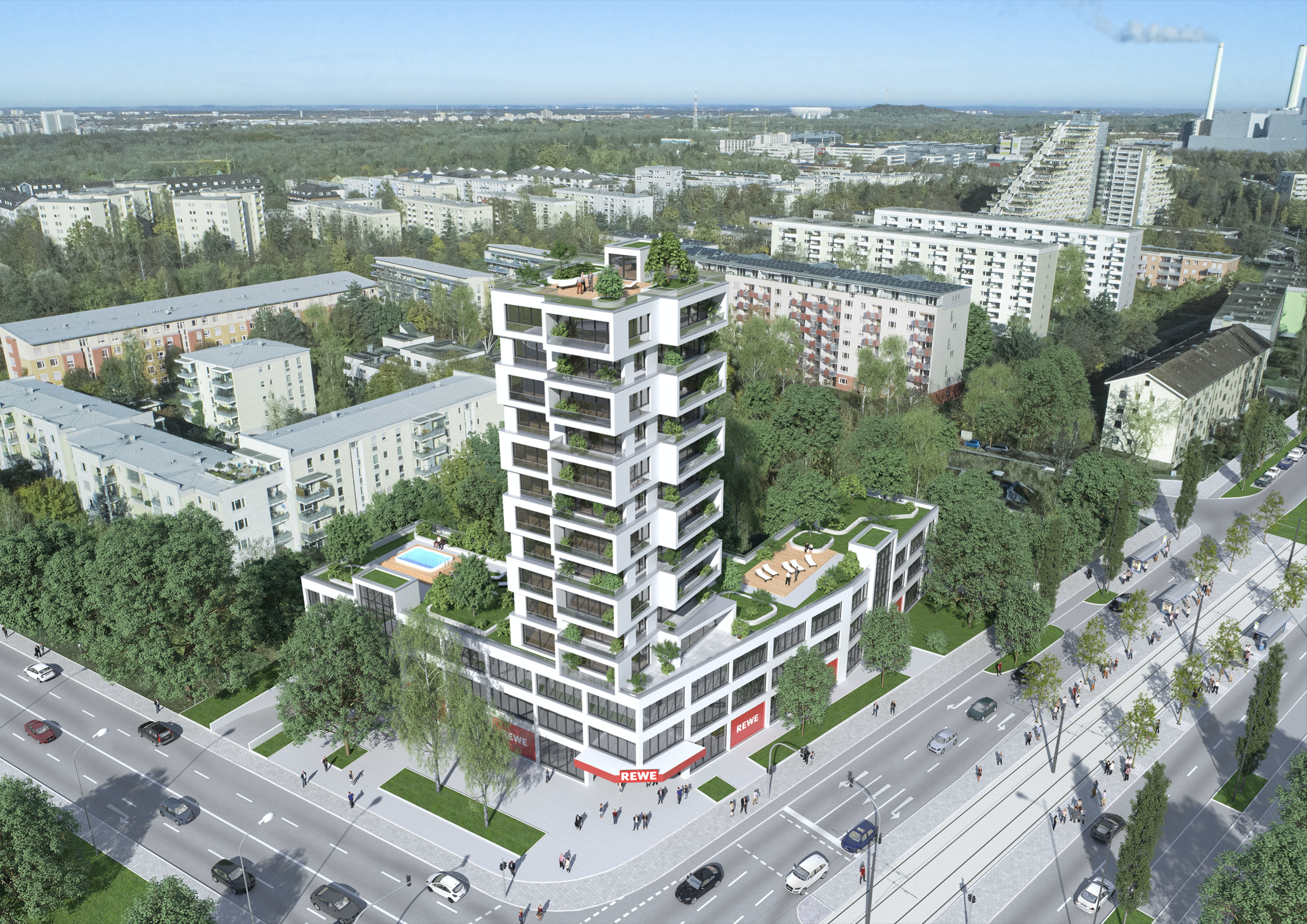 Architekturvisualisierung einer Hochhaus Immobilie in München
